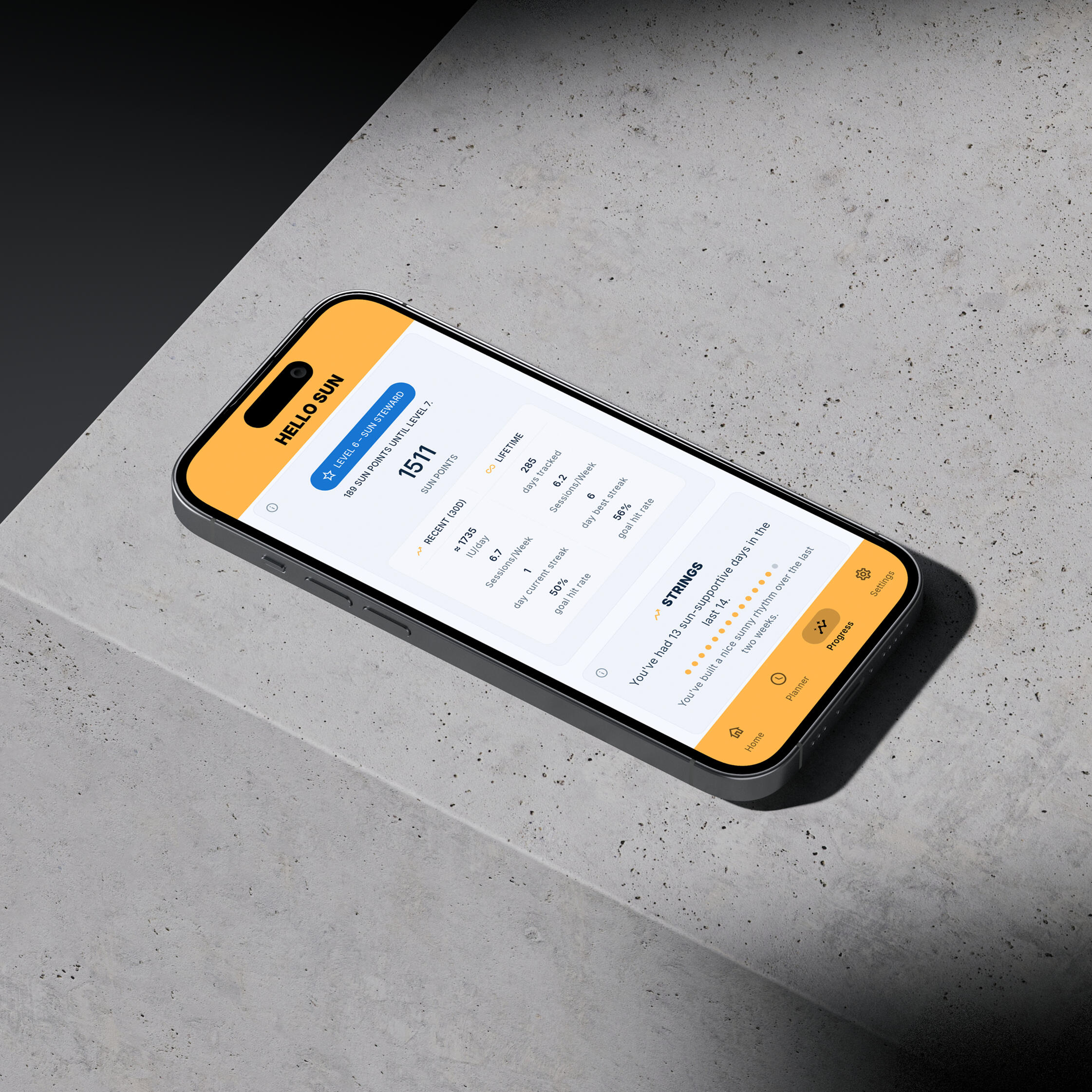 Hello Sun app progress dashboard showing sun points, levels, and weekly consistency metrics